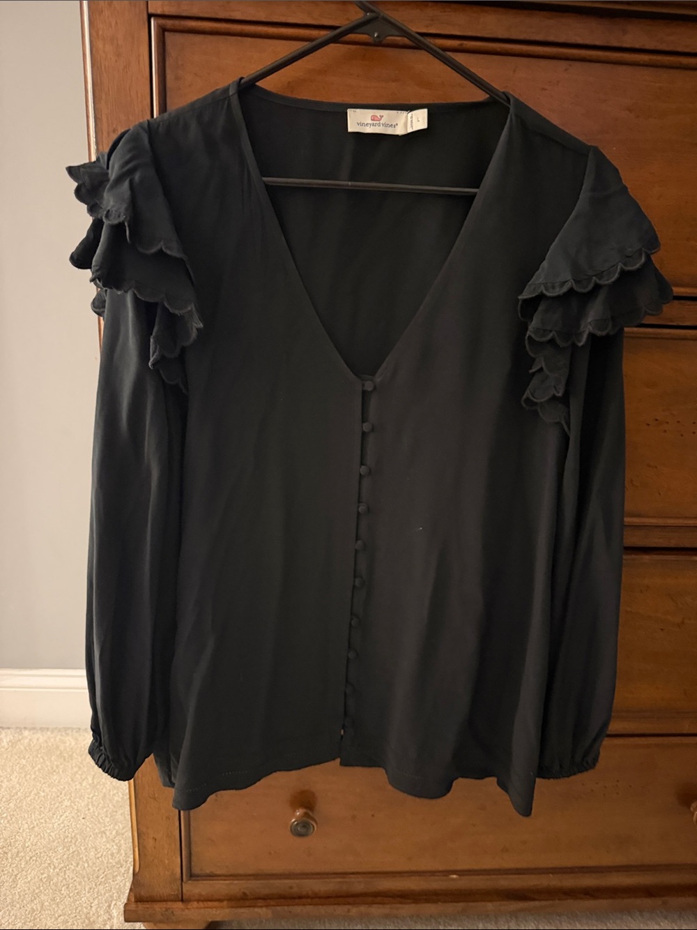 Vineyard Vines Black V-Neck Blouse with Ruffle Sleeves